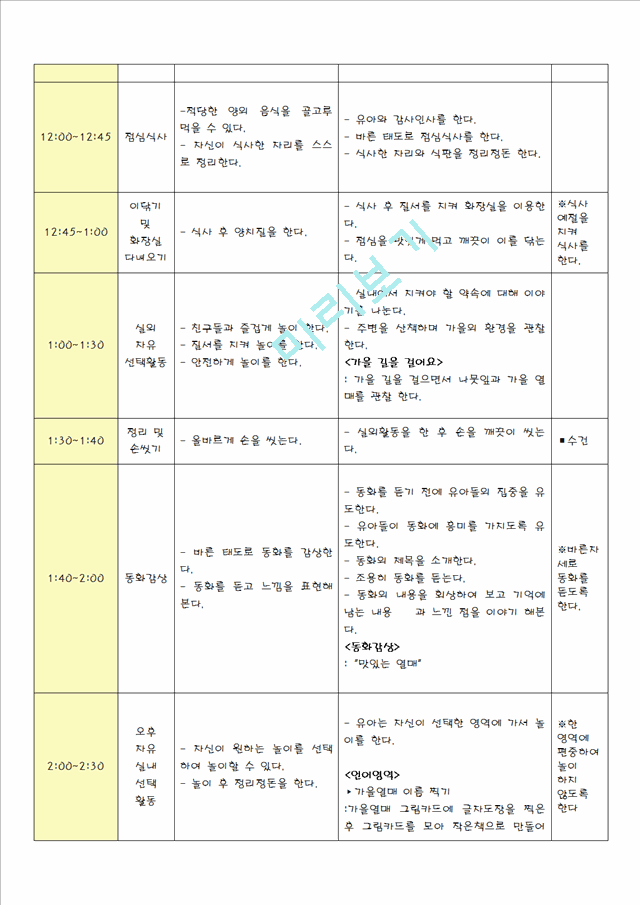 4세 가을 일일보육계획안 다운로드 Fo - 11:40~12:00 점심식사준비 및 손씻기 #Name? ... - Academy  Solution - Academy Solution