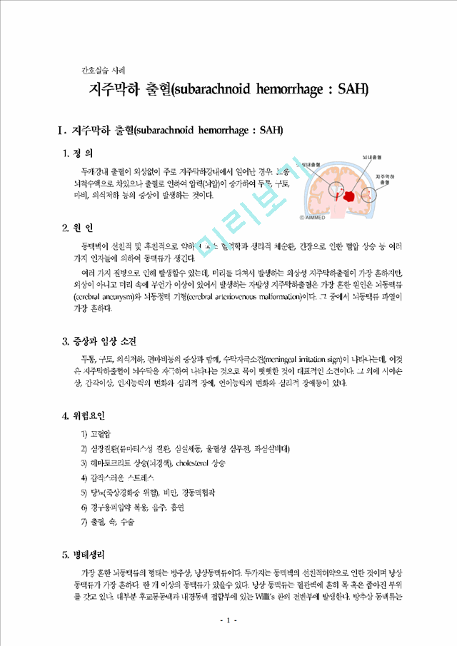 간호실습 사례 - 지주막하 출혈(subarachnoid hemorrhage  SAH).hwp