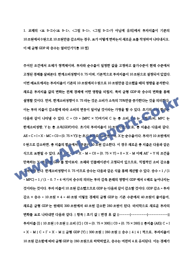 기초거시경제론 ) 어떤 경제의 조세는 정액세이고 투자와 순수출은 모두 일정한 값으로 고정되어 있으며 물가수준 역시 현재 수준에서 고정되어 있다고 한다. 한계소비성향이 0.75인 이 경제의 균형 GDP를 300조원만큼~ (2) .hwp