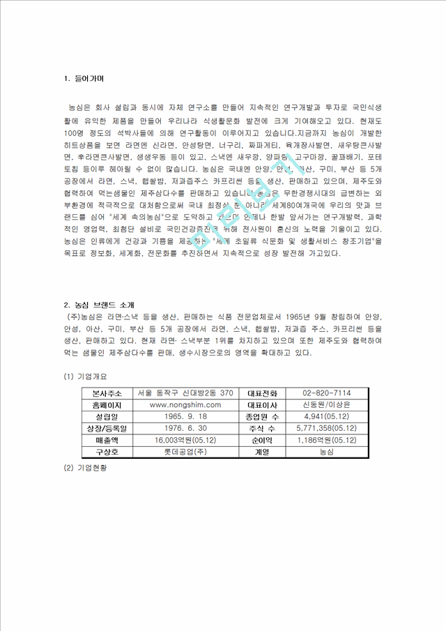 농심 기업소개 및 역사와 특징소개, 경영전략분석, 성공사례, 성공전략, 마케팅전략, STP전략, SWOT분석, 4P전략, 개선점.hwp