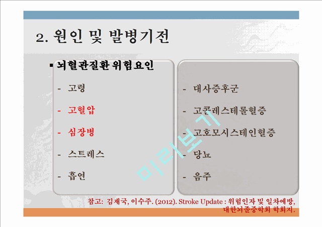 뇌혈관질환 정의 및 현황,뇌혈관질환 원인 및 발병기전,뇌졸중(Stroke), 중풍,고혈압성 뇌출혈,뇌경색,중풍예방,뇌졸증 예방및 처방.pptx