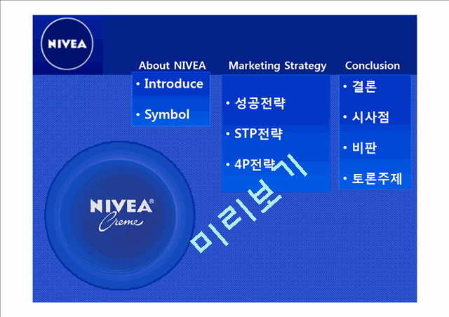 니베아 NIVEA 기업조사및 니베아 성공전략및 마케팅 STP,4P전략분석과 시사점 PPT 레포트.pptx