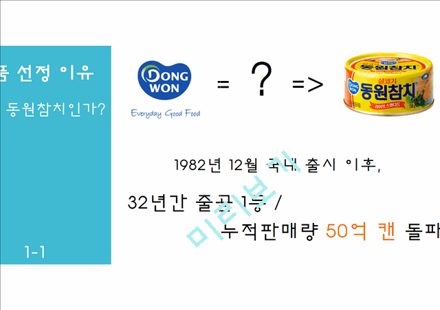 동원참치 vs 사조참치 마케팅 SWOT,STP,4P전략분석및 동원참치 문제점분석과 미래전략제안 PPT레포트.pptx