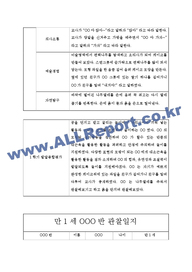 만1세 영아 1학기 관찰기록과 발달평가  6개영역 관찰일지  모든계절 사용가능 관찰일지.hwp