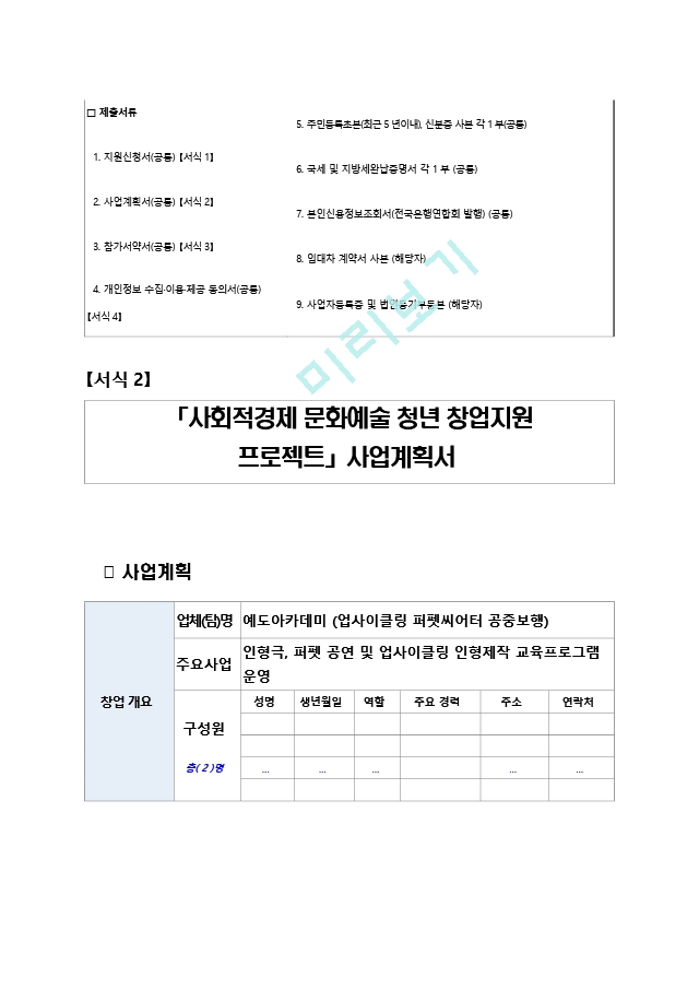 문화예술 청년창업 계획서 국가사업 공모당선계획서.hwp