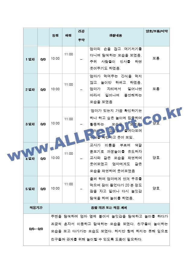 신입원아 적응일지 만 0세  10명.hwp