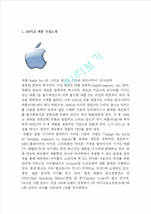 애플 APPLE 기업분석과 경영성공요인및 애플 마케팅 SWOT,STP,4P전략분석과 애플 미래전망연구.hwp