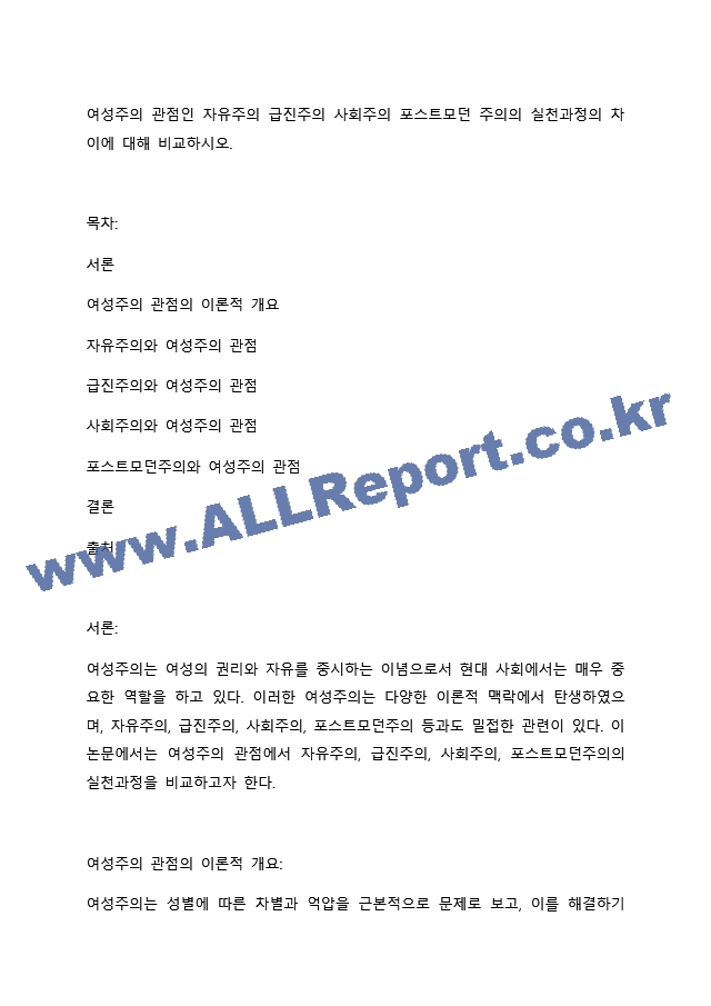 여성주의 관점인 자유주의 급진주의 사회주의 포스트모던 주의의 실천과정의 차이에 대해 비교하시오..docx