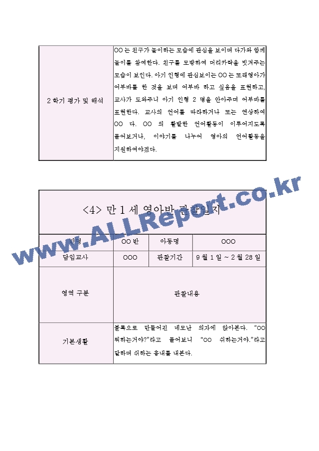 영아관찰일지 아동관찰일지 - 만1세 2학기 (5명 10Page).hwp