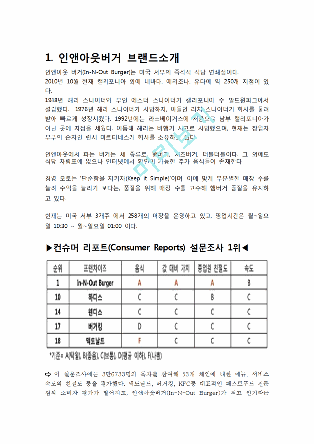 인앤아웃버거 마케팅전략분석과 인앤아웃 브랜드분석및 인앤아웃 서비스차별화위한 전략분석및 인앤아웃 한국시장진출사례분석.hwp