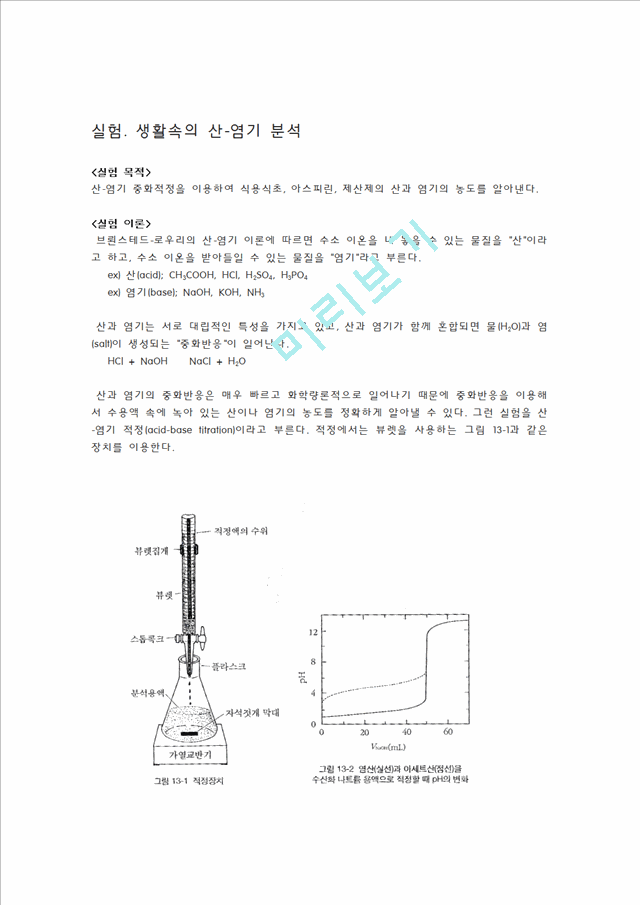 일반화학 실험 생활속의 산-염기 분석 (산염기 적정).hwp