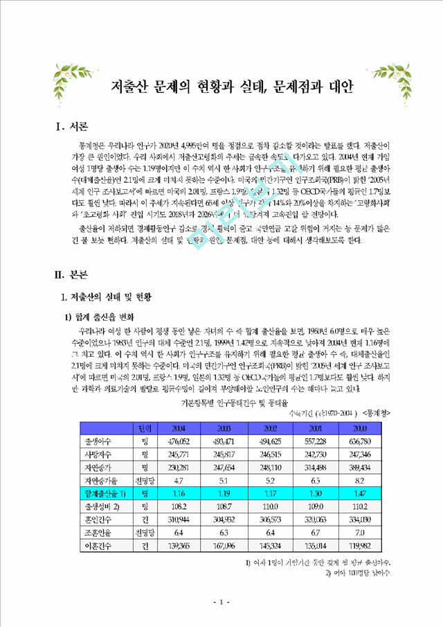 저출산 문제의 현황과 실태, 문제점과 대안.hwp