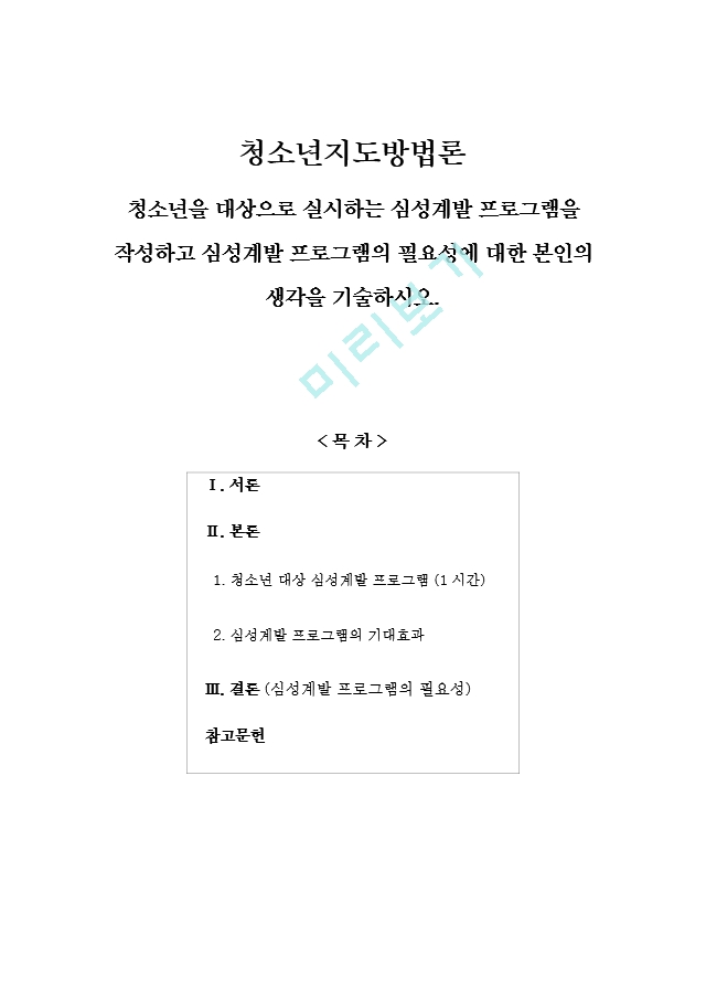 청소년지도방법론 청소년을 대상으로 실시하는 심성계발 프로그램을 작성하 (1).hwp