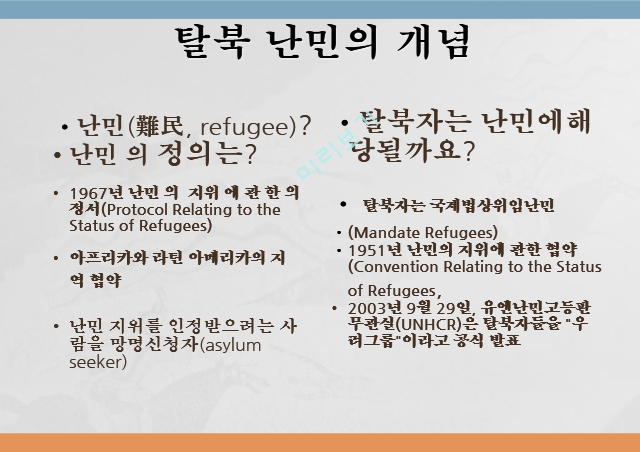 탈북 난민의 개념,탈북자의 역사,망명 경로,국제법상 지위,탈북자들의 망명.pptx