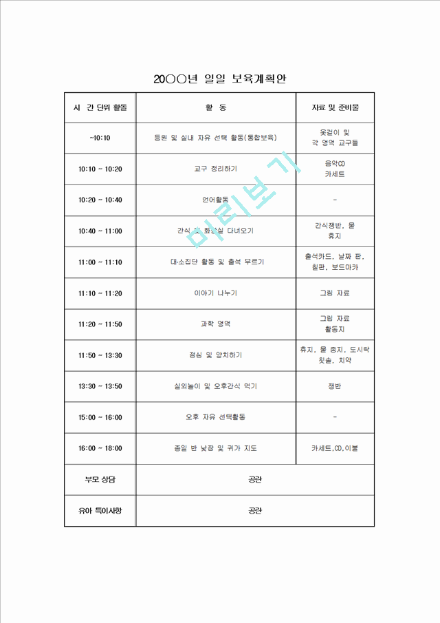 특성별 보육프로그램 장애아 연간보육계획안, 장애안 월간 보육계획안, 장애아 주간 보육계획안, 장애아 일일보육계획안).hwp