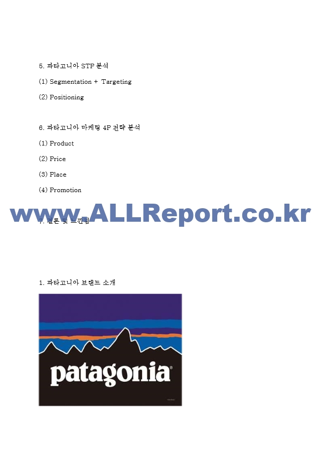 파타고니아 마케팅 SWOT,STP,4P전략 분석과 파타고니아 기업분석 및 친환경 경영전략 분석과 느낀점.hwp