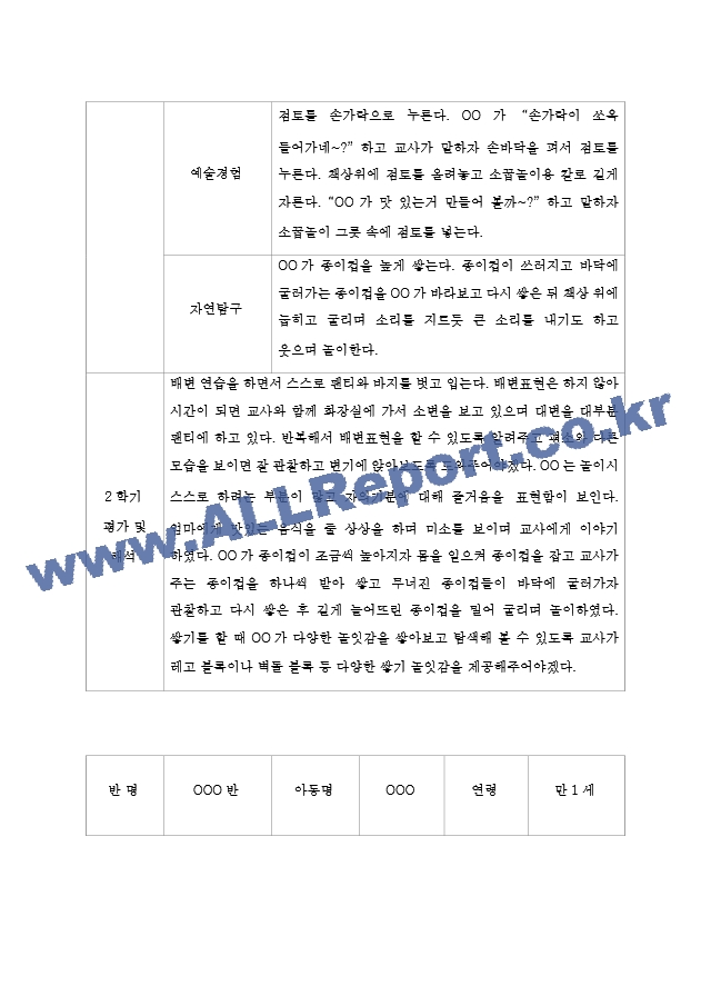 2학기 만1세 영아반 5명 관찰일지 & 평가 및 해석 포함 관찰일지 & 어린이집 평가인증 통과 관찰일지.hwp