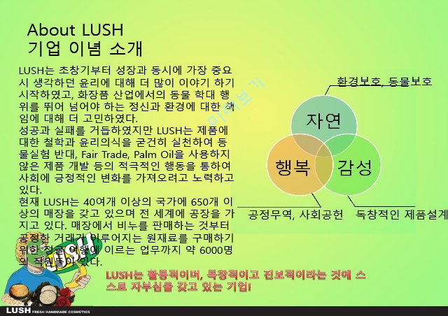 LUSH,러쉬,SWOT분석,STP분석,러쉬만의차별성,러쉬만의경쟁력과성과정리,경쟁사와의 비교를 통한 러쉬의 CSR 마케팅 사례.pptx